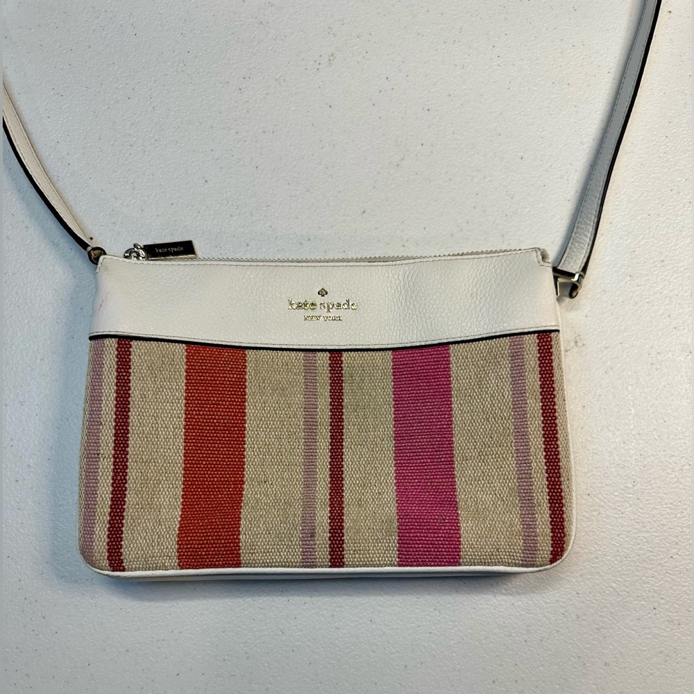 KATE SPADE LEILA STRIPED CANVAS TRIPLE GUSSET CROSSBODY BAG - Picture 1 of 11